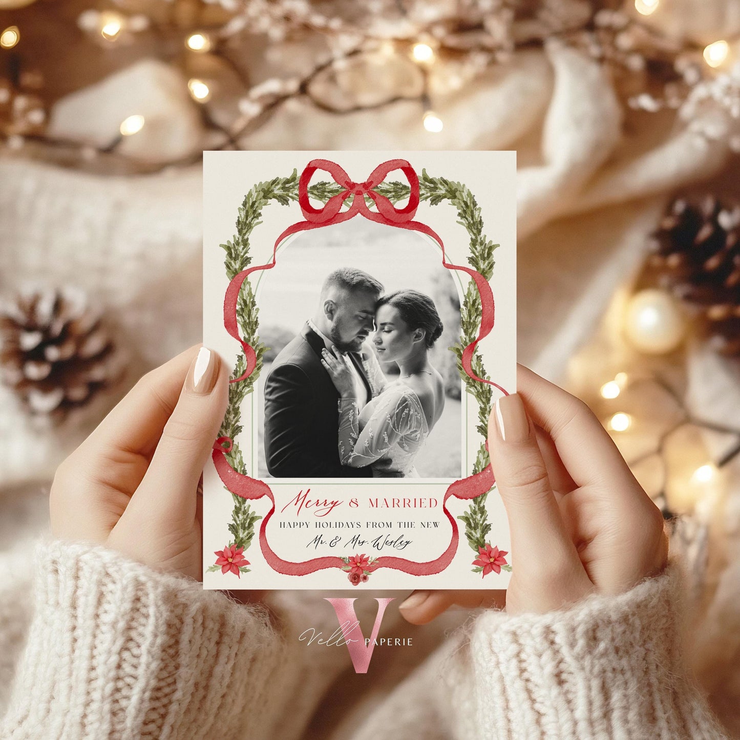 Merry and Married Christmas Photo Card | Newlywed Holiday Card | Red Bow Minimalist Christmas Photo Card | Merry and Bright Couple  MMC12