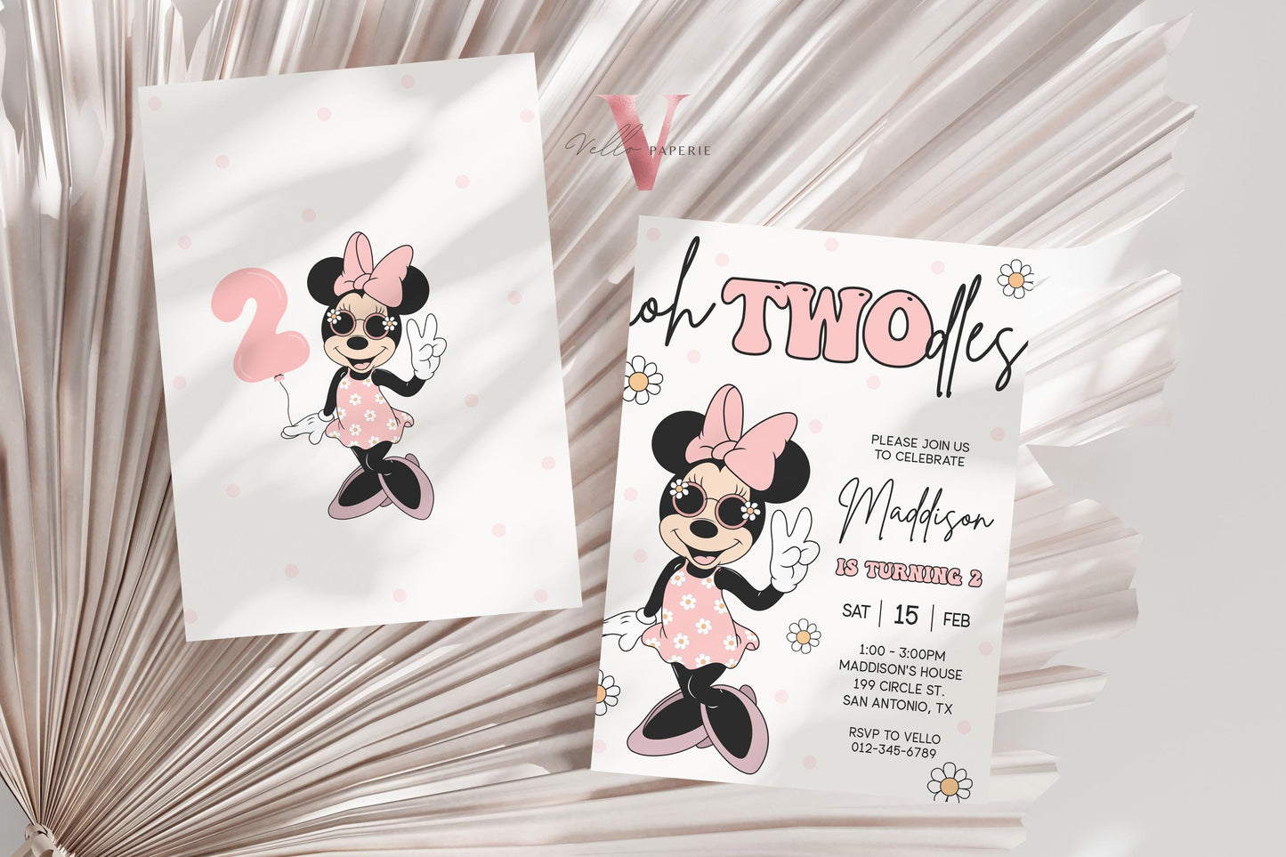 Oh TWOdles Groovy Minnie Mouse Birthday Invitation | Light Peach White Polkadot Invite 2 Years Old Girl | Minnie Groovy Second Birthday