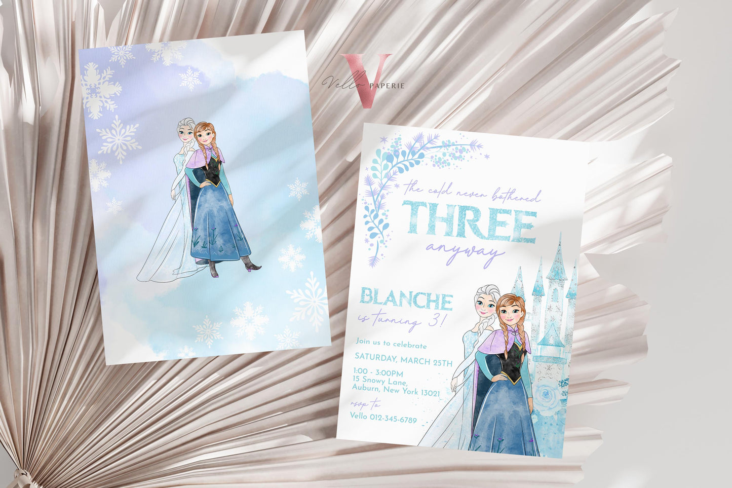 Editable Third Birthday Frozen Theme Birthday Party Invitation | 3rd Birthday Watercolor Princess Elsa Anna Frozen Invite | Winter Snow