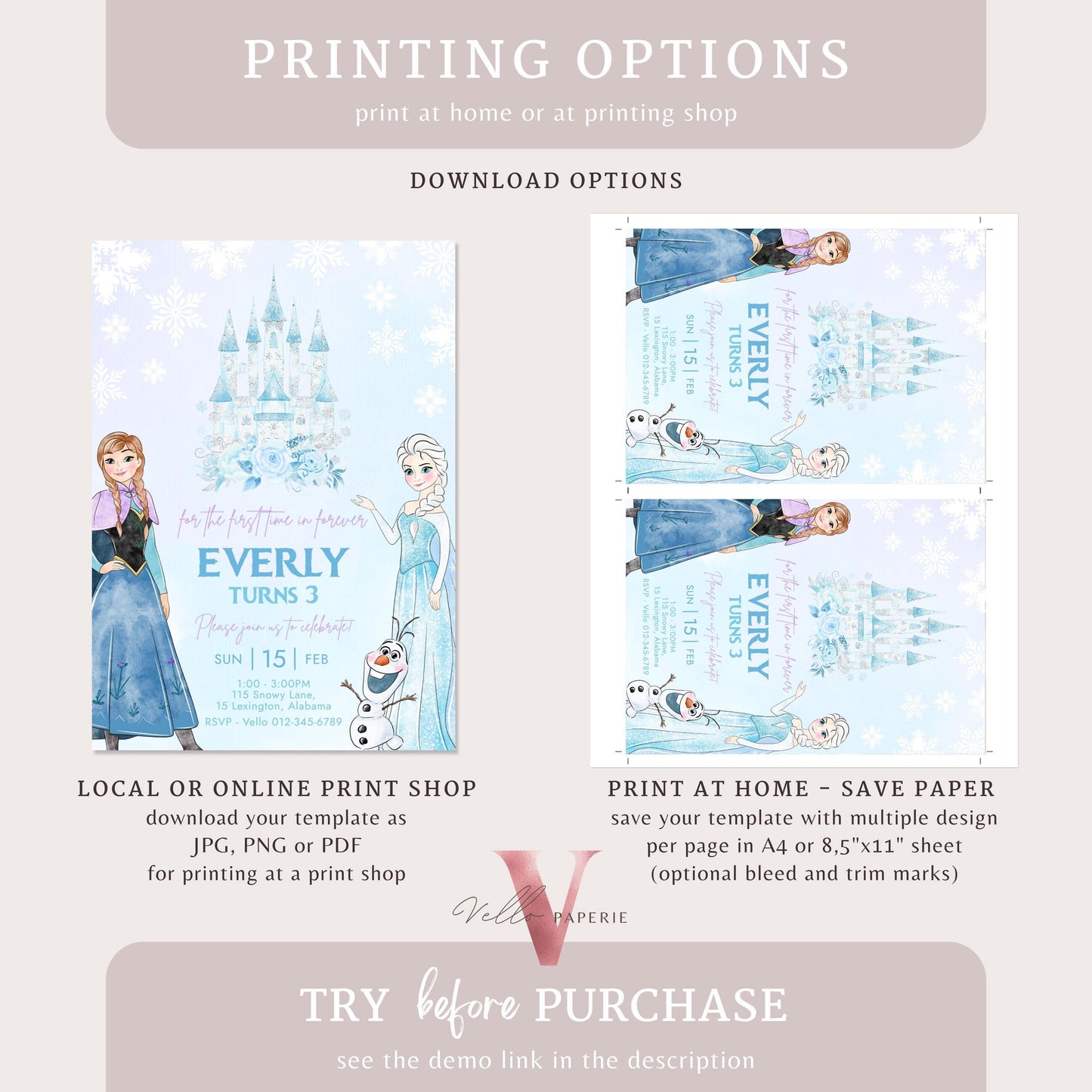 Editable ANY AGE Birthday Frozen Theme Birthday Party Invitation | Watercolor Elsa Anna Princess Birthday Invite | Winter Snow Princess