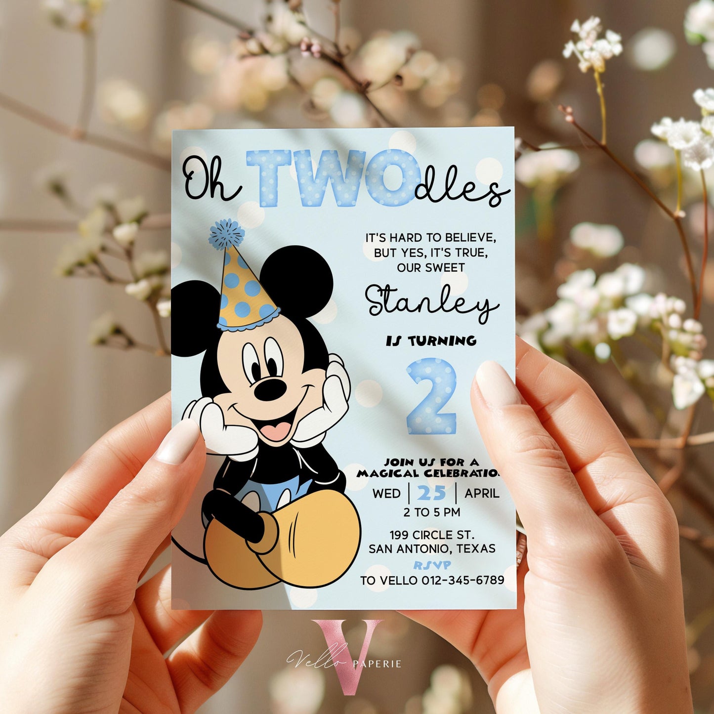 Oh Twodles Mickey Mouse Birthday Invitation | White Blue Polkadot Minimalist Second Mickey Bday Party Invite | Mickey Twodles 2nd Birthday