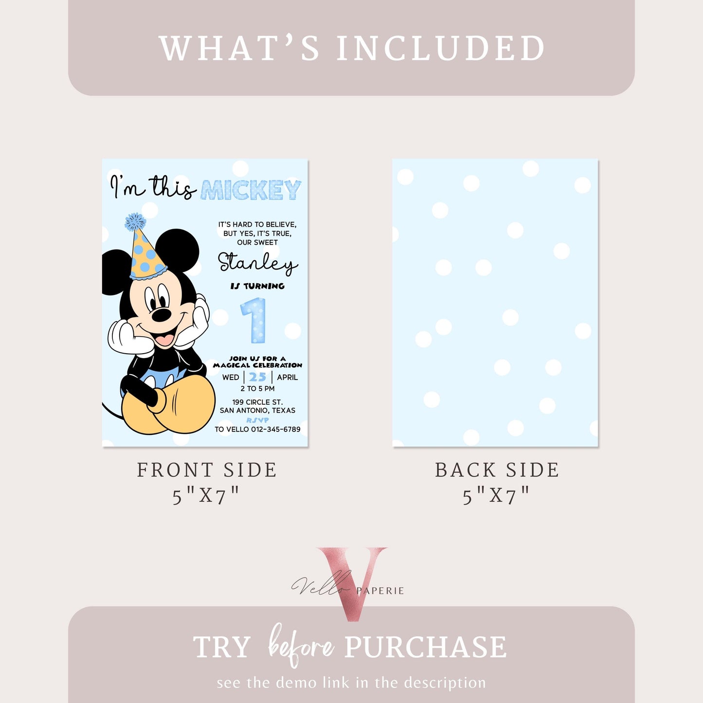 1st I'm this Mickey Mouse Birthday Invitation | White Blue Polkadot Minimalist First Mickey Bday Party Invite | Mickey Mouse 1st Birthday