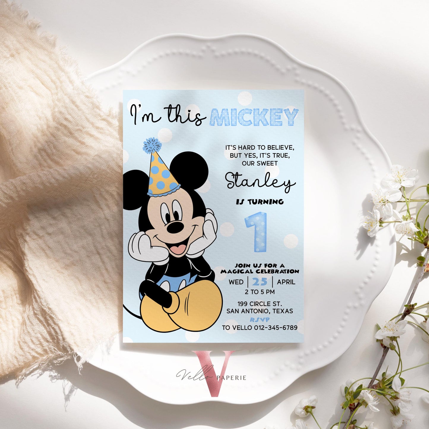 1st I'm this Mickey Mouse Birthday Invitation | White Blue Polkadot Minimalist First Mickey Bday Party Invite | Mickey Mouse 1st Birthday