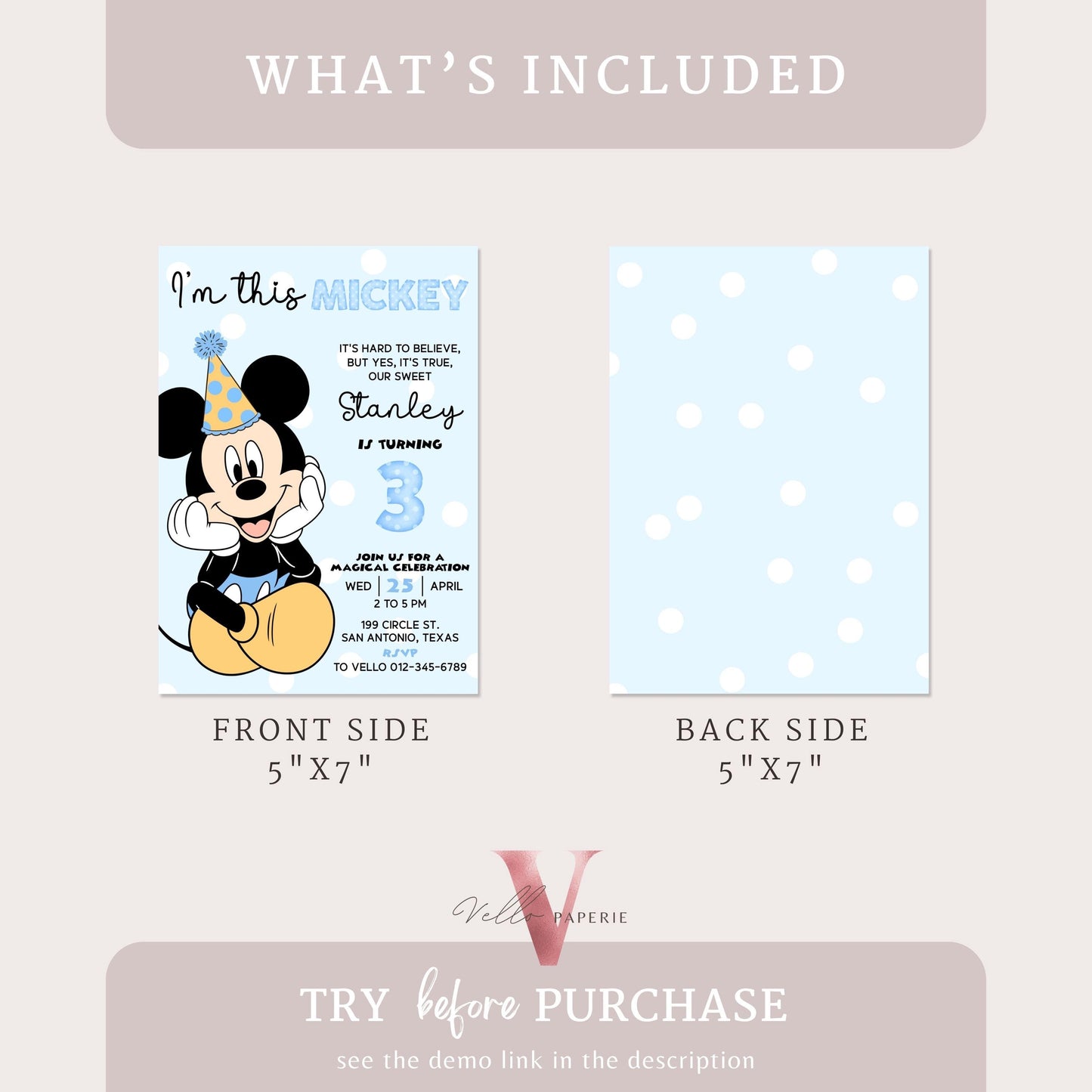 3rd I'm this Mickey Mouse Birthday Invitation | White Blue Polkadot Minimalist Mickey Third Bday Party Invite | Mickey Mouse 3rd Birthday