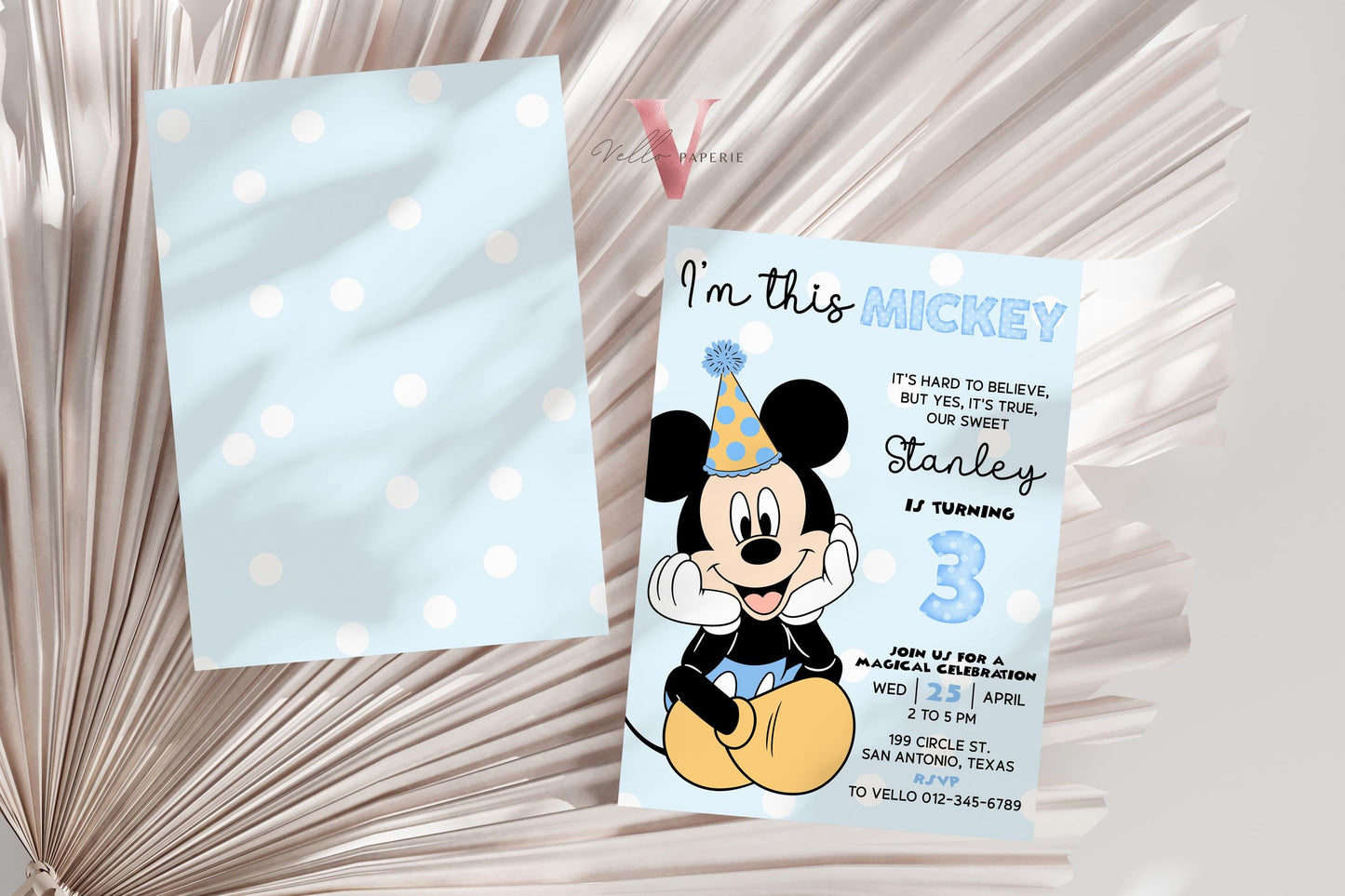 3rd I'm this Mickey Mouse Birthday Invitation | White Blue Polkadot Minimalist Mickey Third Bday Party Invite | Mickey Mouse 3rd Birthday