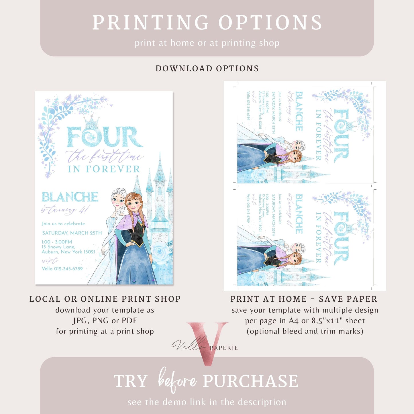 Editable Fourth Birthday Frozen Theme Birthday Party Invitation | 4th Birthday Watercolor Princess Elsa Anna Invite | Winter Snow Princess