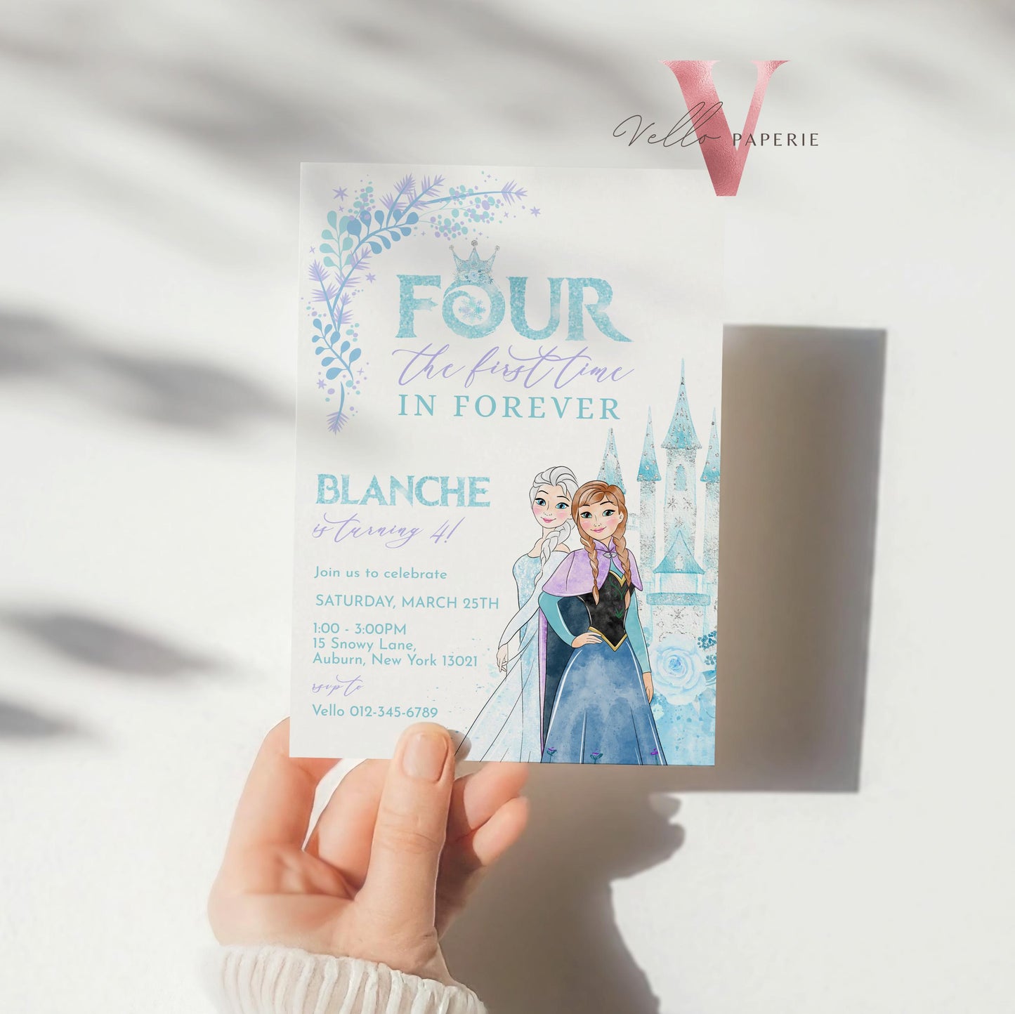 Editable Fourth Birthday Frozen Theme Birthday Party Invitation | 4th Birthday Watercolor Princess Elsa Anna Invite | Winter Snow Princess