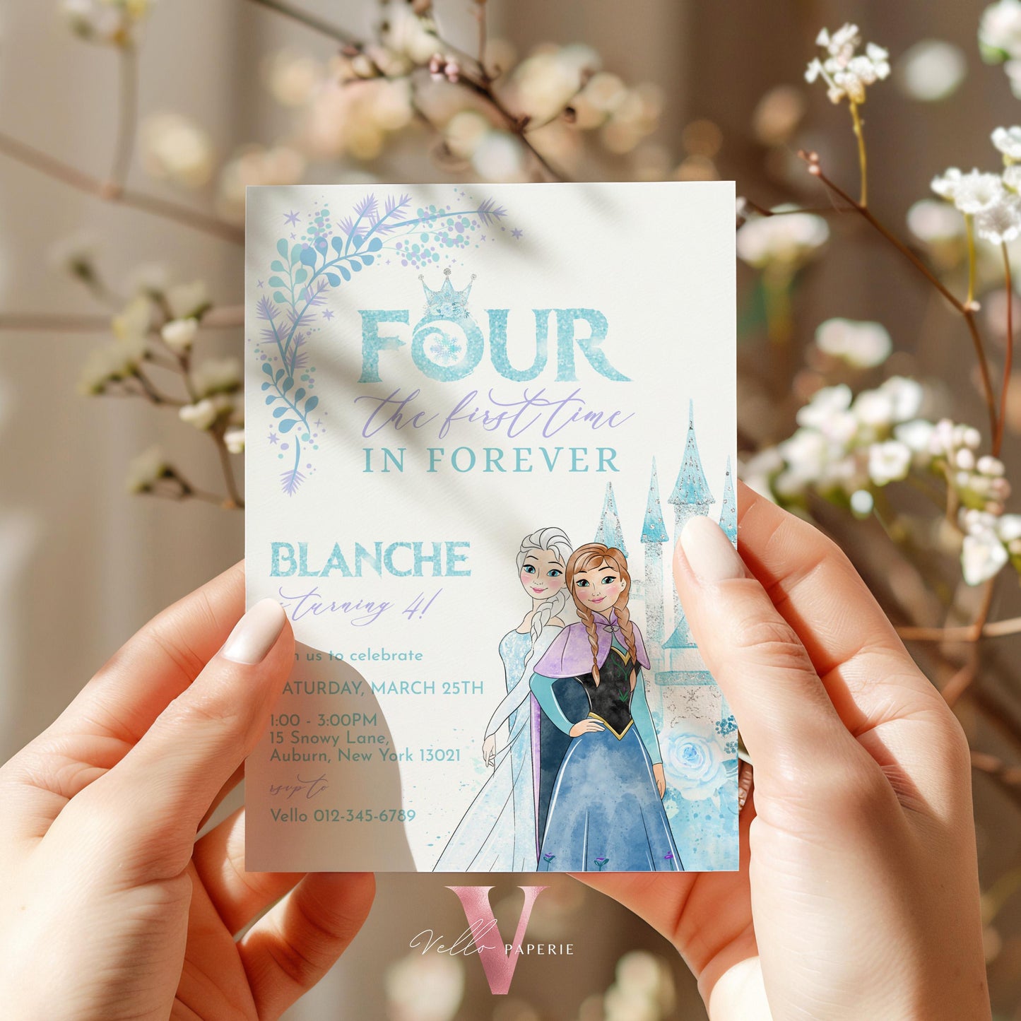 Editable Fourth Birthday Frozen Theme Birthday Party Invitation | 4th Birthday Watercolor Princess Elsa Anna Invite | Winter Snow Princess