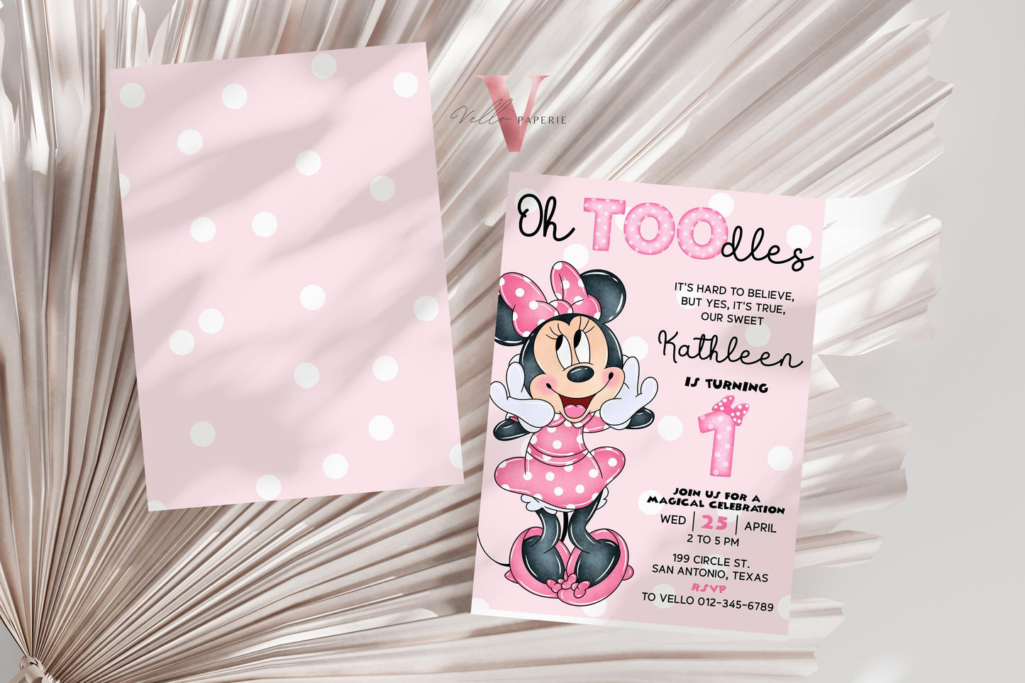 1st Oh TOOdles Minnie Mouse Birthday Invitation | Light Pink Polkadot Invite 1 year old Girl | Minnie First Birthday Instant Download MMB05