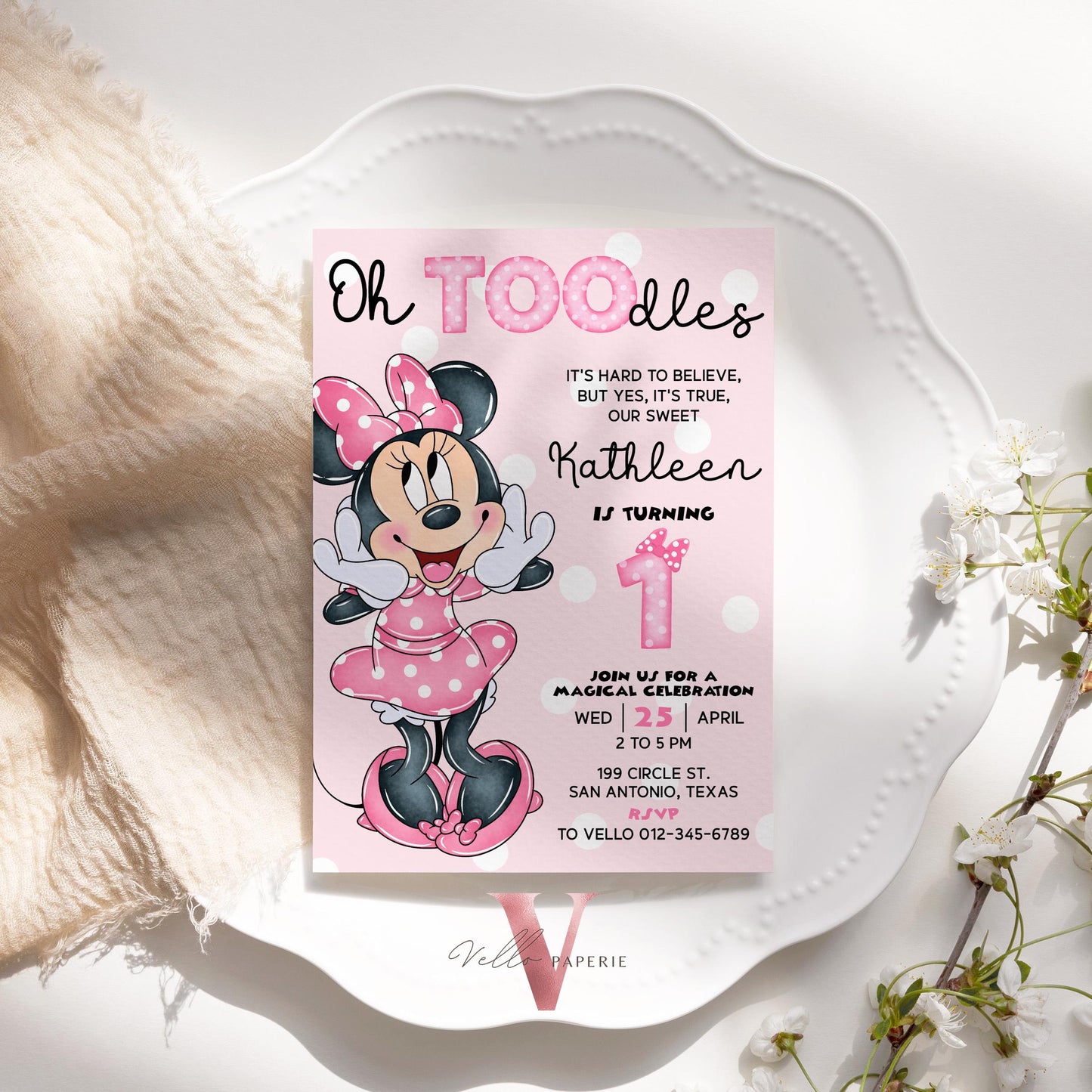 1st Oh TOOdles Minnie Mouse Birthday Invitation | Light Pink Polkadot Invite 1 year old Girl | Minnie First Birthday Instant Download MMB05