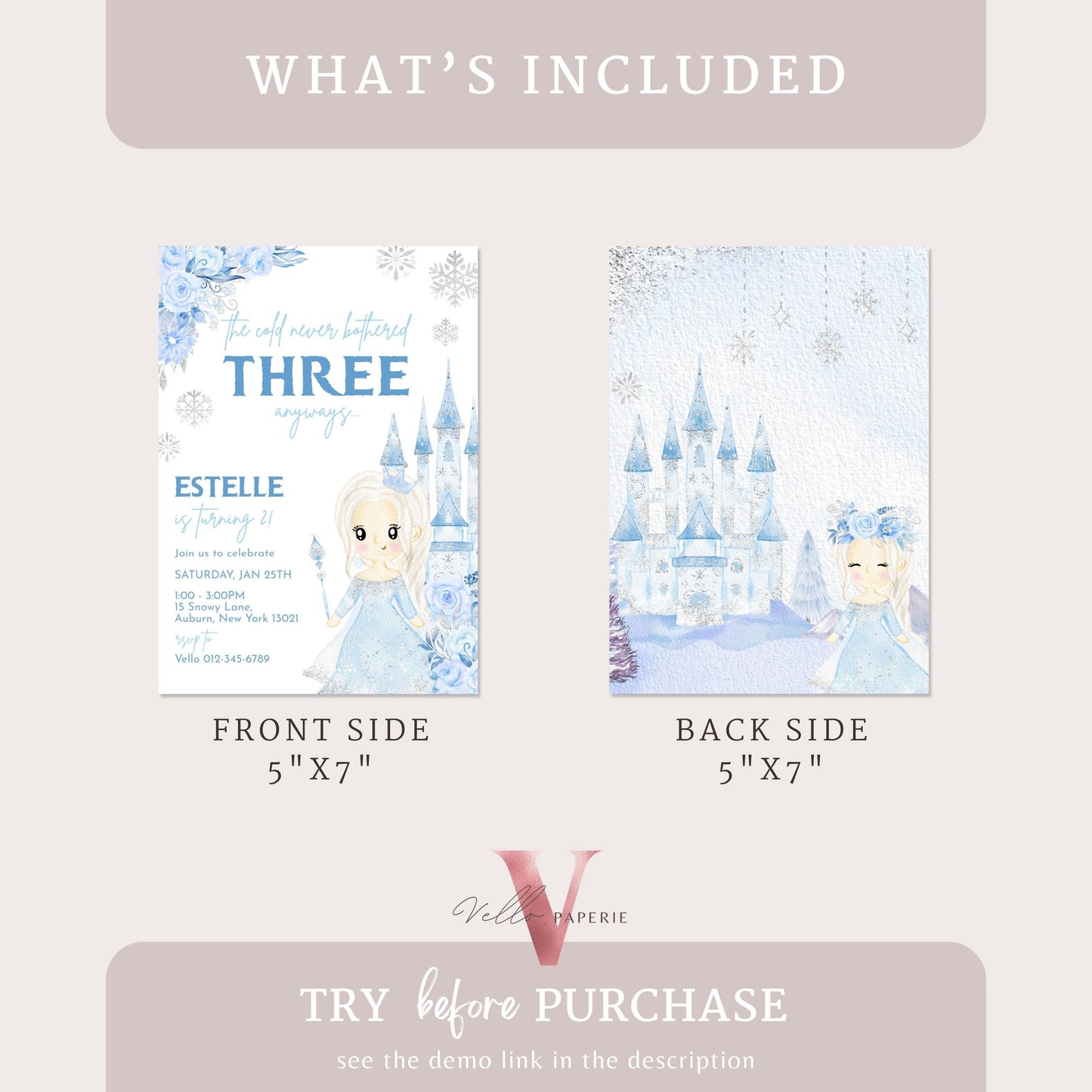 Editable Third Birthday Frozen Theme Birthday Party Invitation | 3rd Birthday Watercolor Princess Frozen Invite | THREE Winter Snow Princess