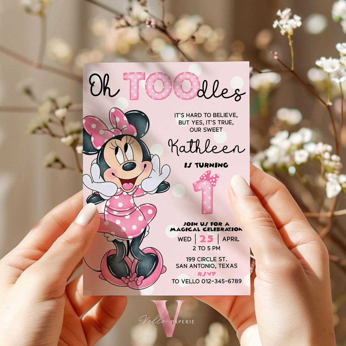 1st Oh TOOdles Minnie Mouse Birthday Invitation | Light Pink Polkadot Invite 1 year old Girl | Minnie First Birthday Instant Download MMB05