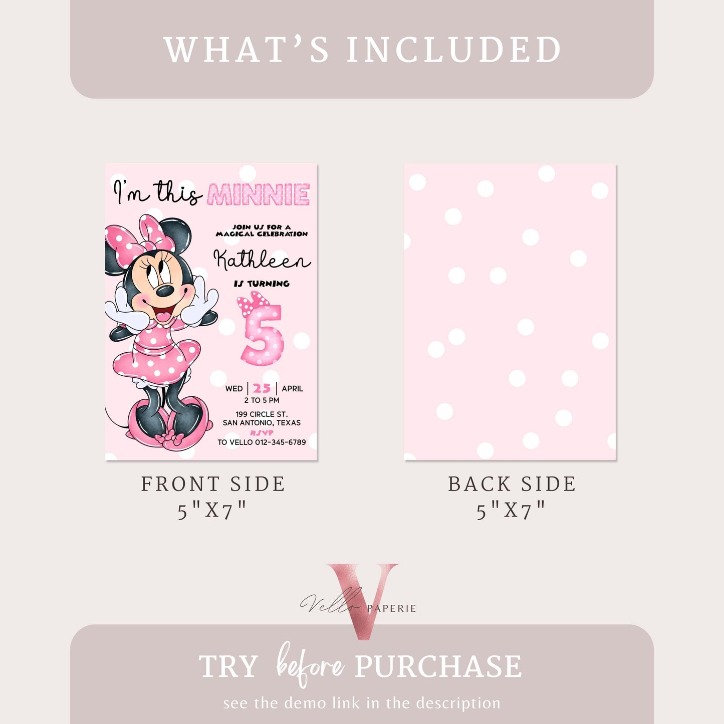 I'm This Minnie 5th Mouse Birthday Invitation | Light Pink Polkadot Invite 5 years old Girl | Minnie Fifth Birthday Instant Download MMB05