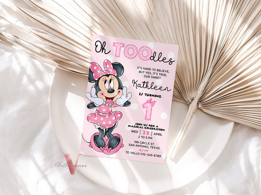 1st Oh TOOdles Minnie Mouse Birthday Invitation | Light Pink Polkadot Invite 1 year old Girl | Minnie First Birthday Instant Download MMB05