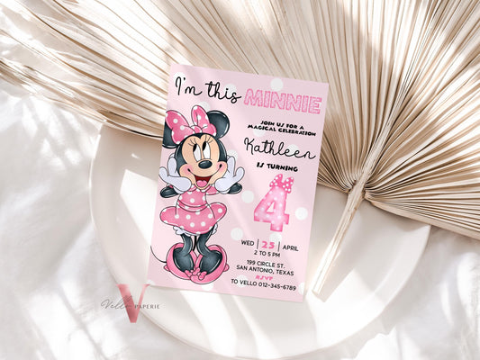 Im this Minnie 4th Mouse Birthday Invitation | Light Pink Polkadot Invite 4 years old Girl | Minnie Fourth Birthday Instant Download MMB05