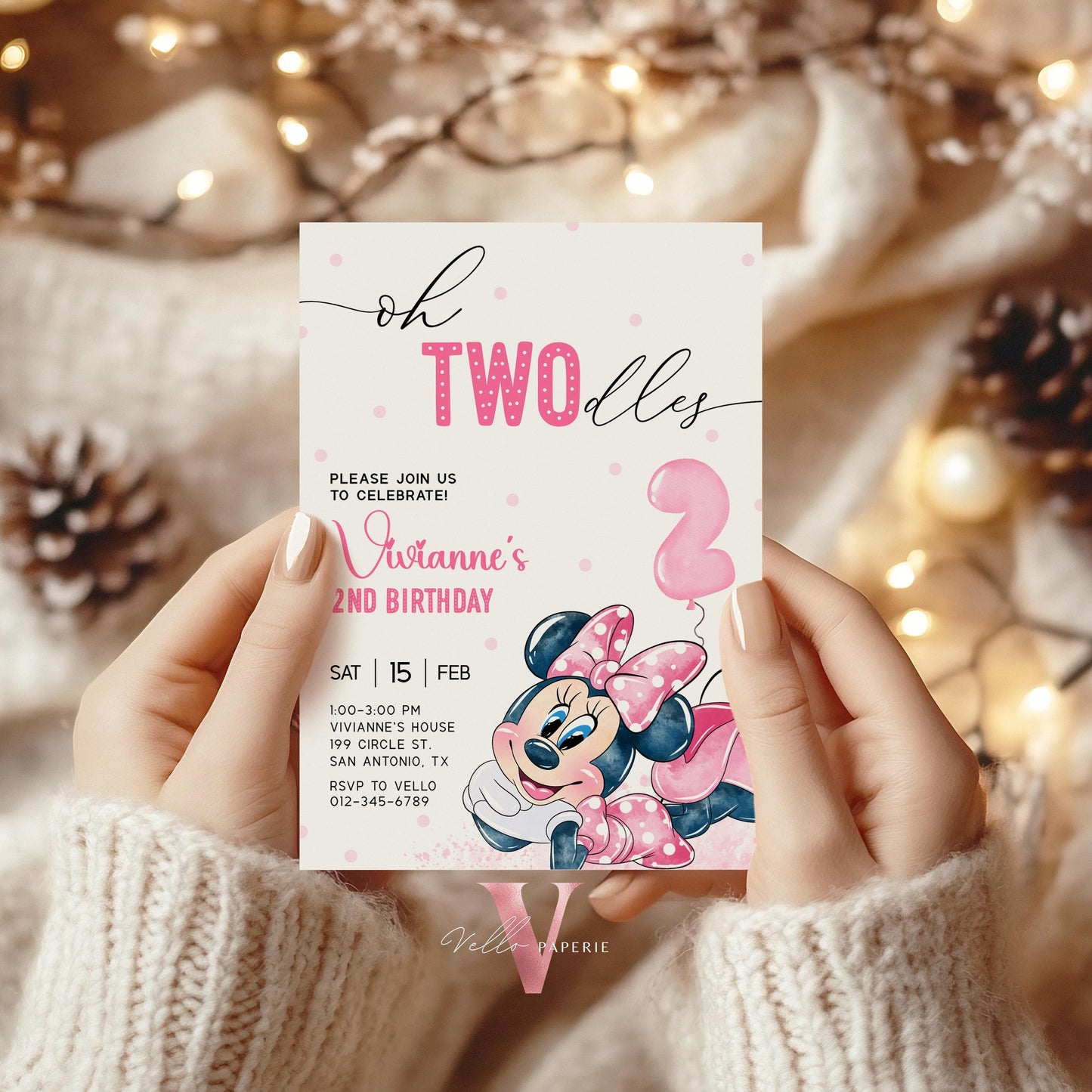 Editable Printable Oh TWOdles Minnie Mouse Birthday Invitation | Soft White Pink Polkadot Invite | 2 Years Old Girl Second Birthday MMB01