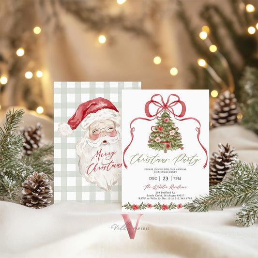 Editable Grandmillenial Christmas Party Invitation | Christmas Tree Open House Invite | Red Bow, Watercolor Santa, Friendsmas Party GMC12