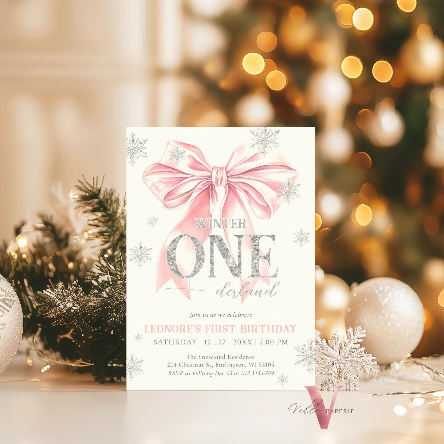 Editable Coquette WINTER ONEderland Invitation | Pink Silver Winter Wonderland Invite | Snowflake First Birthday Party Bow Christmas Ball