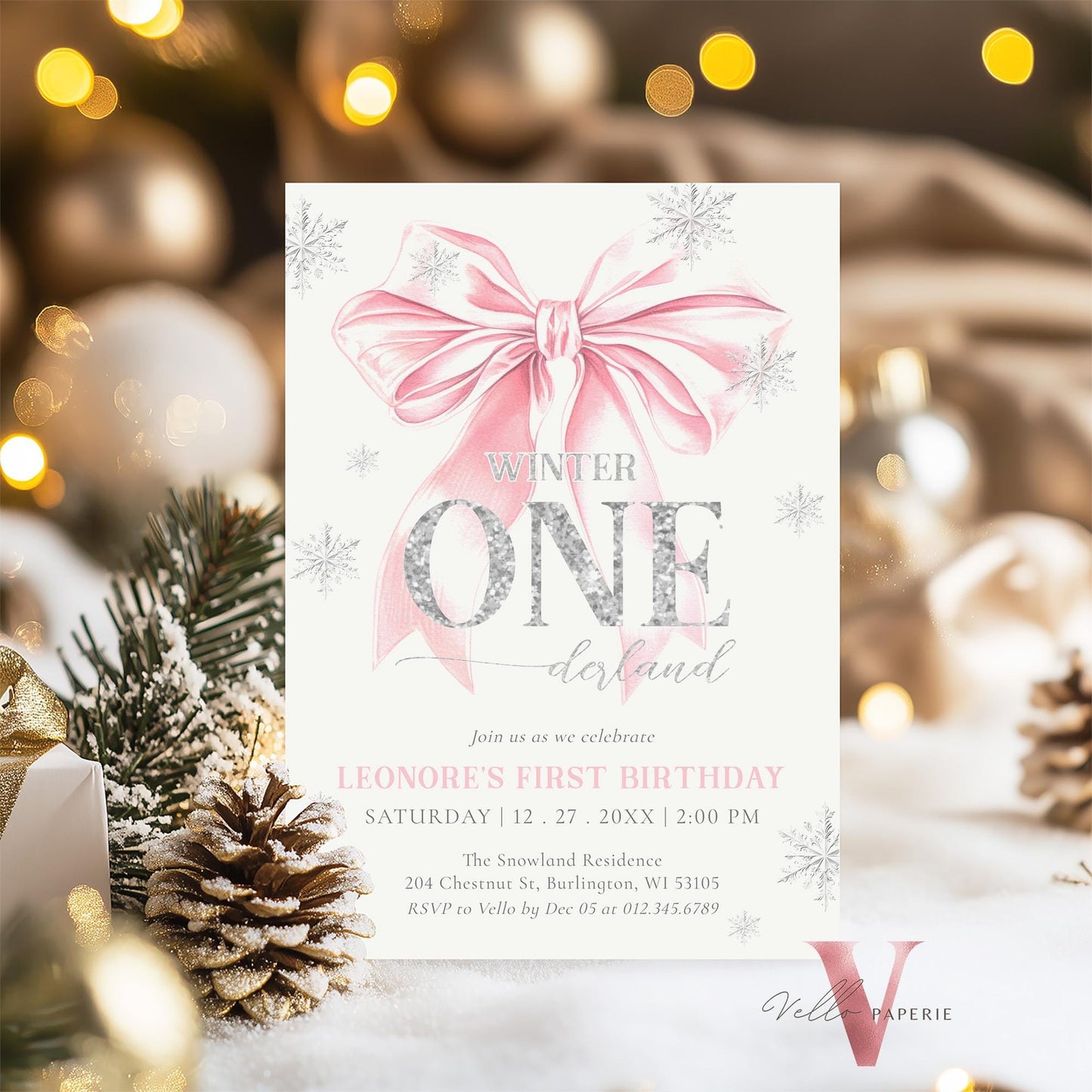 Editable Coquette WINTER ONEderland Invitation | Pink Silver Winter Wonderland Invite | Snowflake First Birthday Party Bow Christmas Ball