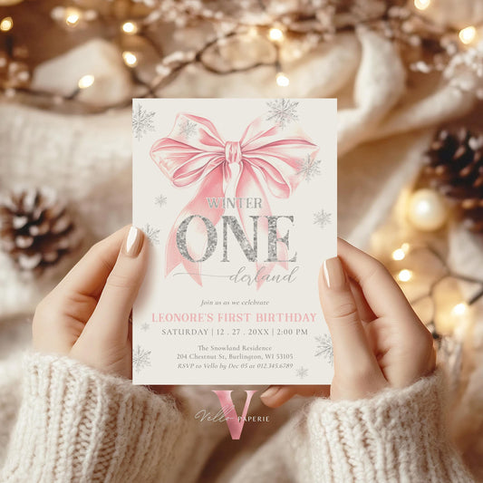 Editable Coquette WINTER ONEderland Invitation | Pink Silver Winter Wonderland Invite | Snowflake First Birthday Party Bow Christmas Ball