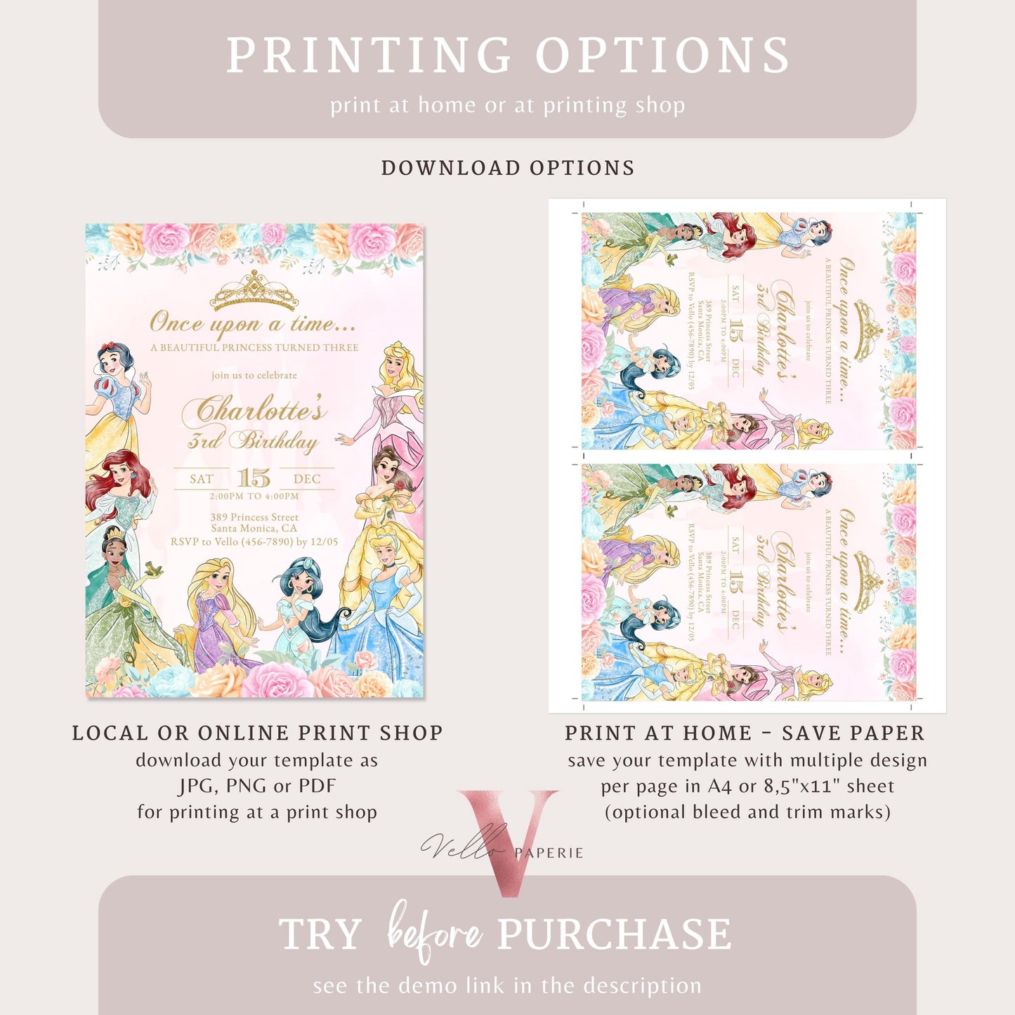 Editable Printable Once Upon a Time Birthday Party Invitation | ANY AGE Watercolor Princess Invite | Rose Gold Pink Princess Party PB02