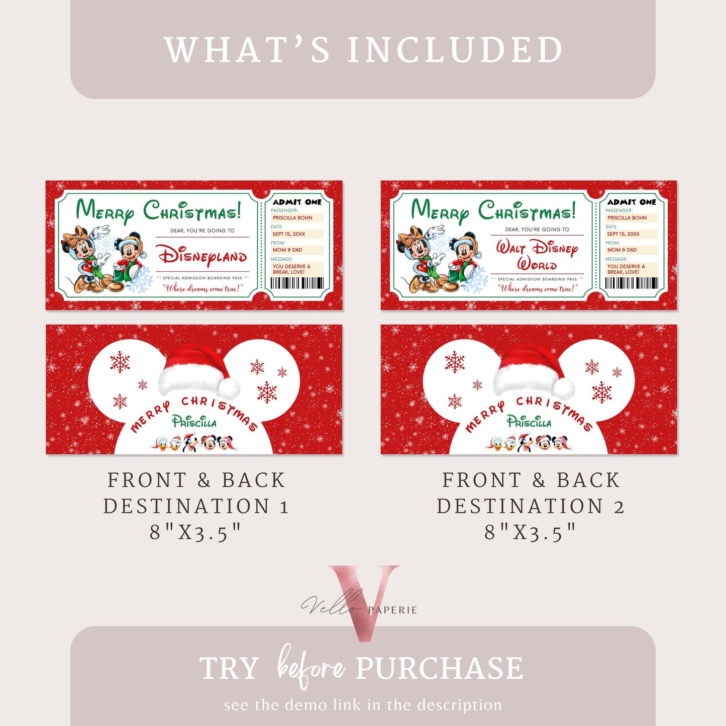 Christmas Disneyland / Disneyworld  Ticket | Editable Printable Theme Park Surprise Reveal Ticket | Disney Trip Ticket, Christmas Gift DST12