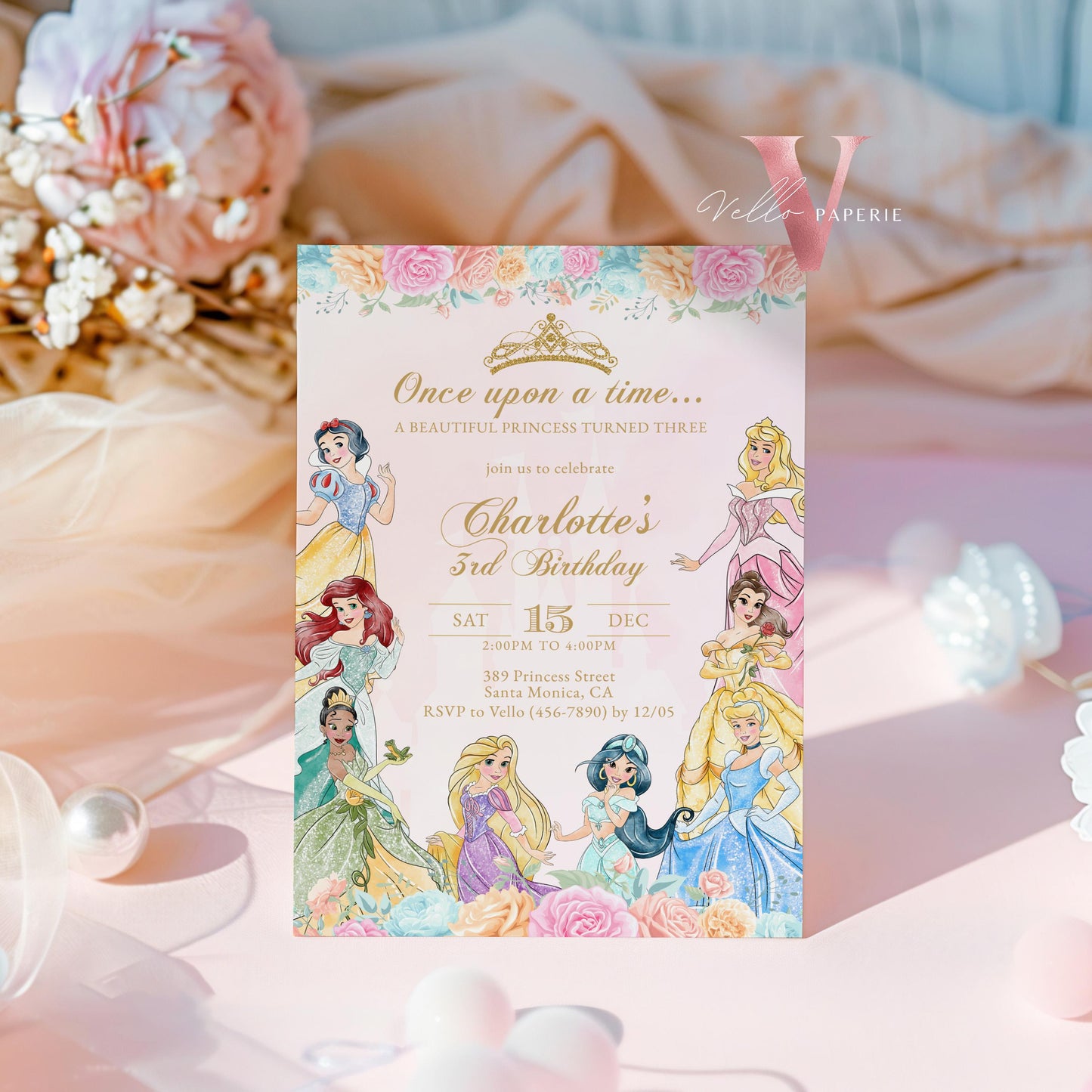 Editable Printable Once Upon a Time Birthday Party Invitation | ANY AGE Watercolor Princess Invite | Rose Gold Pink Princess Party PB02