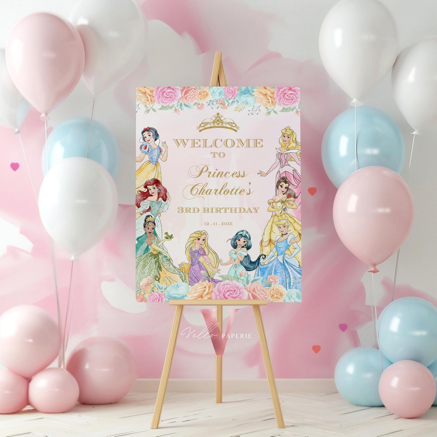 Editable Printable Princess Birthday Welcome Sign | Once Upon a Time Birthday Party Decor Sign | Pink Gold Princess Watercolor Sign PB012