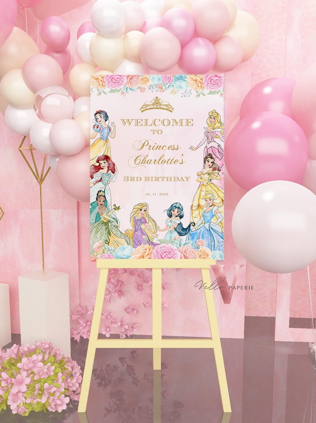 Editable Printable Princess Birthday Welcome Sign | Once Upon a Time Birthday Party Decor Sign | Pink Gold Princess Watercolor Sign PB012