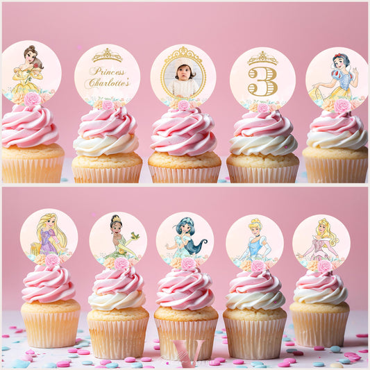 Editable Printable Watercolor Princess Cupcake Topper | Once Upon a Time Birthday Party Cake Decor | Pink Gold Princess Watercolor  PB012