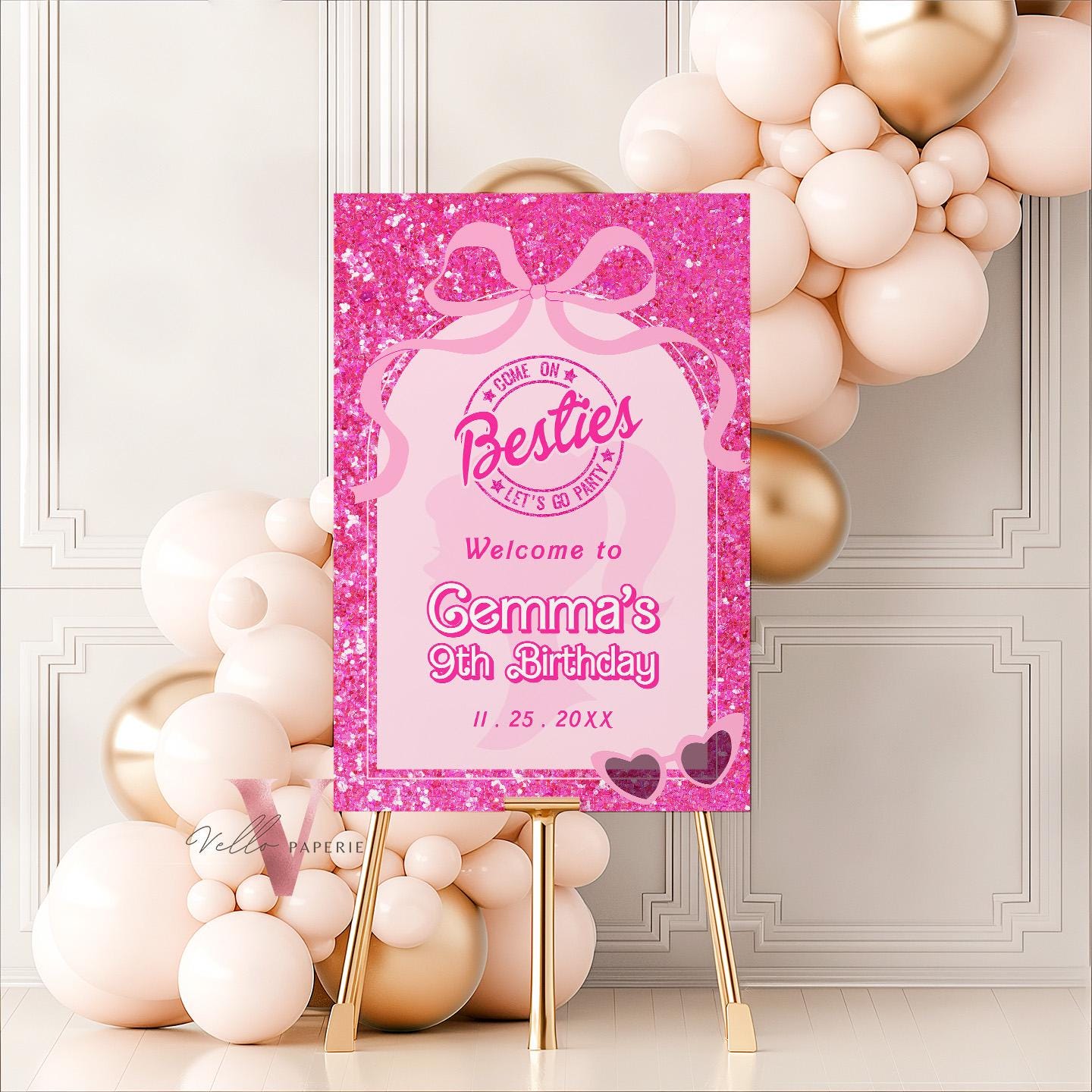 Editable "Besties" Glam Pink Fashion Doll Birthday Welcome Sign | Cute Fashion Party Decor | Pink Doll Glitter Come On Lets Go Party HPD03