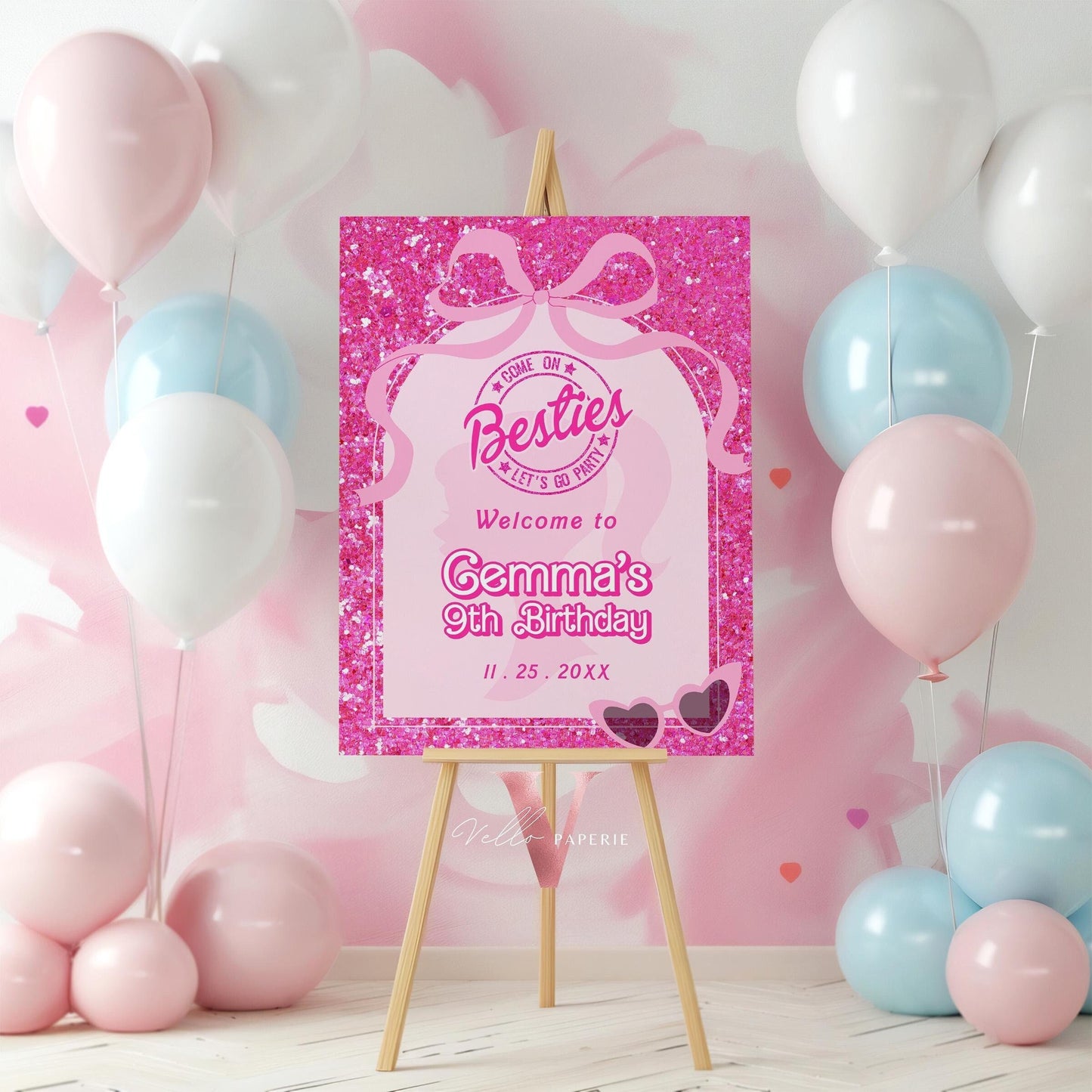 Editable "Besties" Glam Pink Fashion Doll Birthday Welcome Sign | Cute Fashion Party Decor | Pink Doll Glitter Come On Lets Go Party HPD03