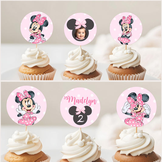 Editable Any Age Minnie Mouse Birthday Cupcake Topper | Light Pink Polkadot Minnie Cake Decor | Kid Minnie Pink Birthday Party Favor  MMB01