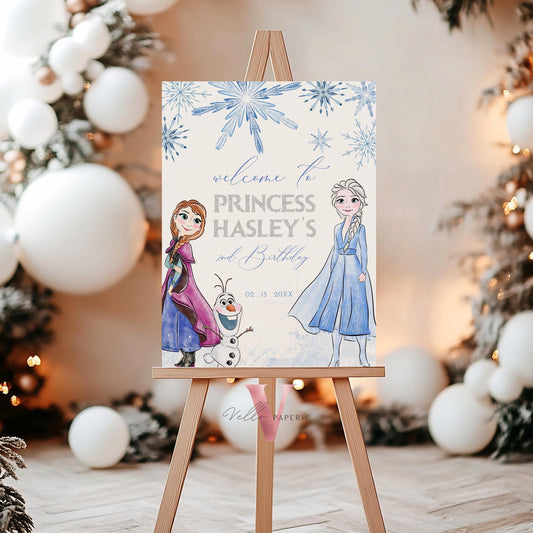 4 size ANY AGE Frozen Theme Birthday Party Welcome Sign | Watercolor Elsa Anna Princess Birthday Decor Sign | Winter Snow Princess FBP01