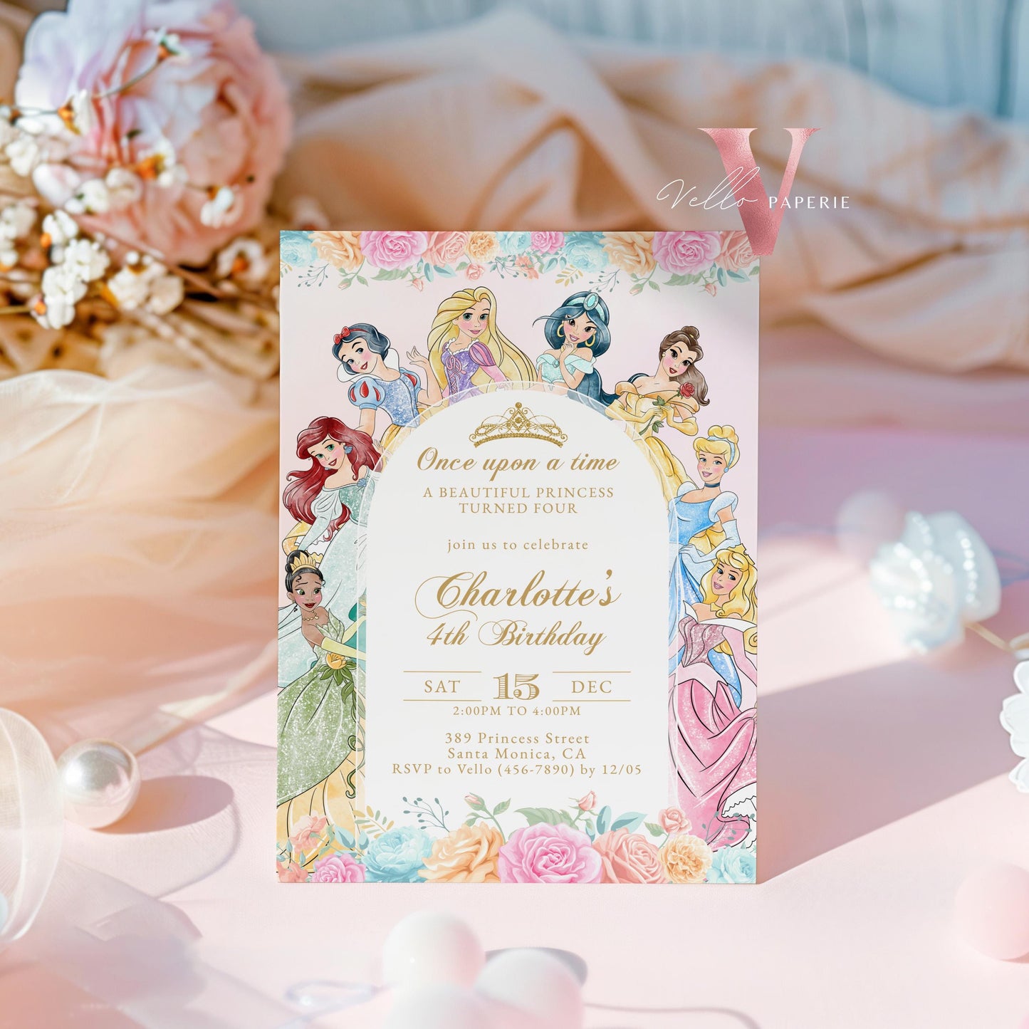 Editable Printable Once Upon a Time Birthday Party Invitation | ANY AGE Watercolor Princess Invite | Rose Gold Pink Princess Party PB02