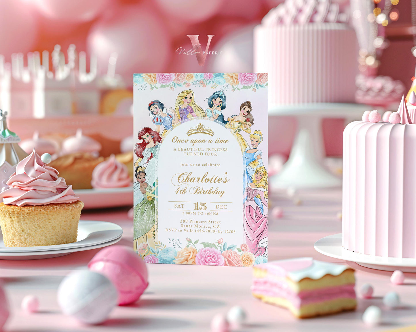 Editable Printable Once Upon a Time Birthday Party Invitation | ANY AGE Watercolor Princess Invite | Rose Gold Pink Princess Party PB02