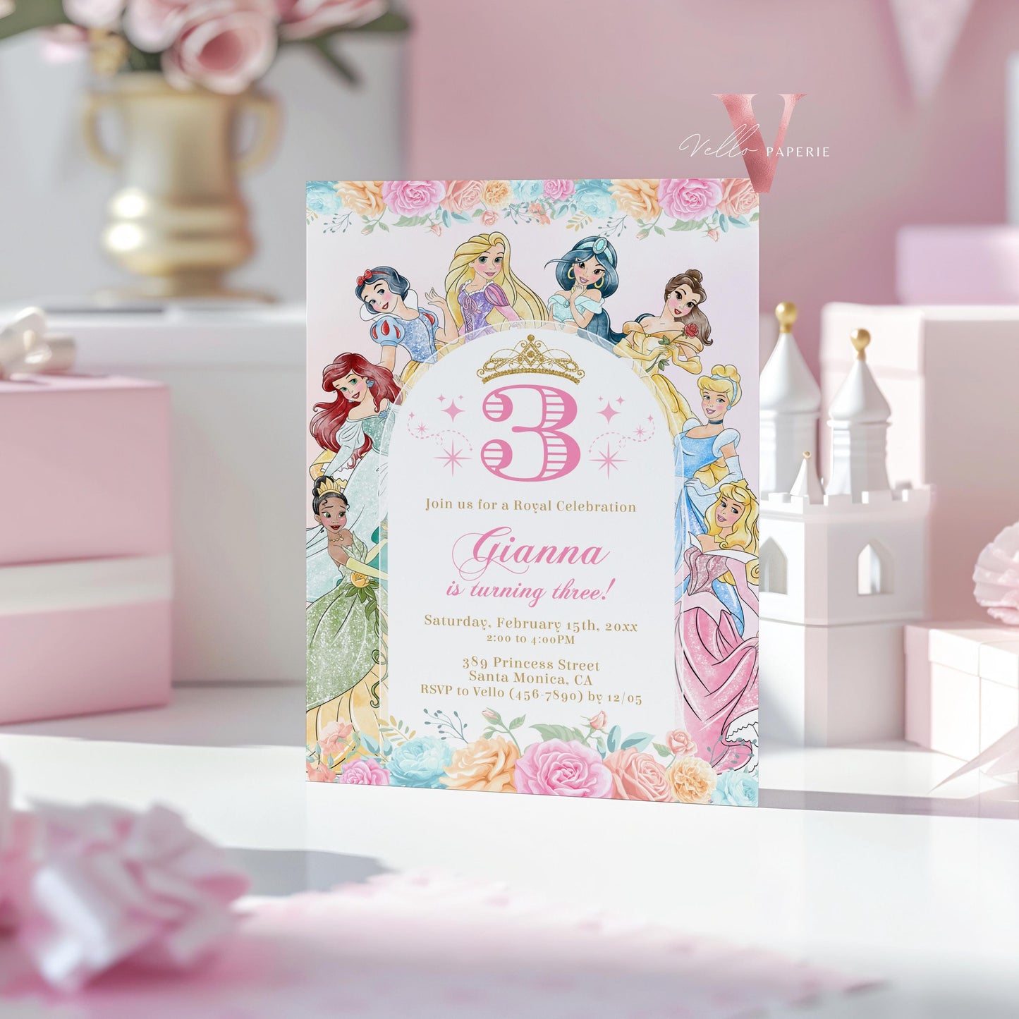 Editable Printable Once Upon a Time Birthday Party Invitation | ANY AGE Watercolor Princess Invite | Rose Gold Pink Princess Party PB02