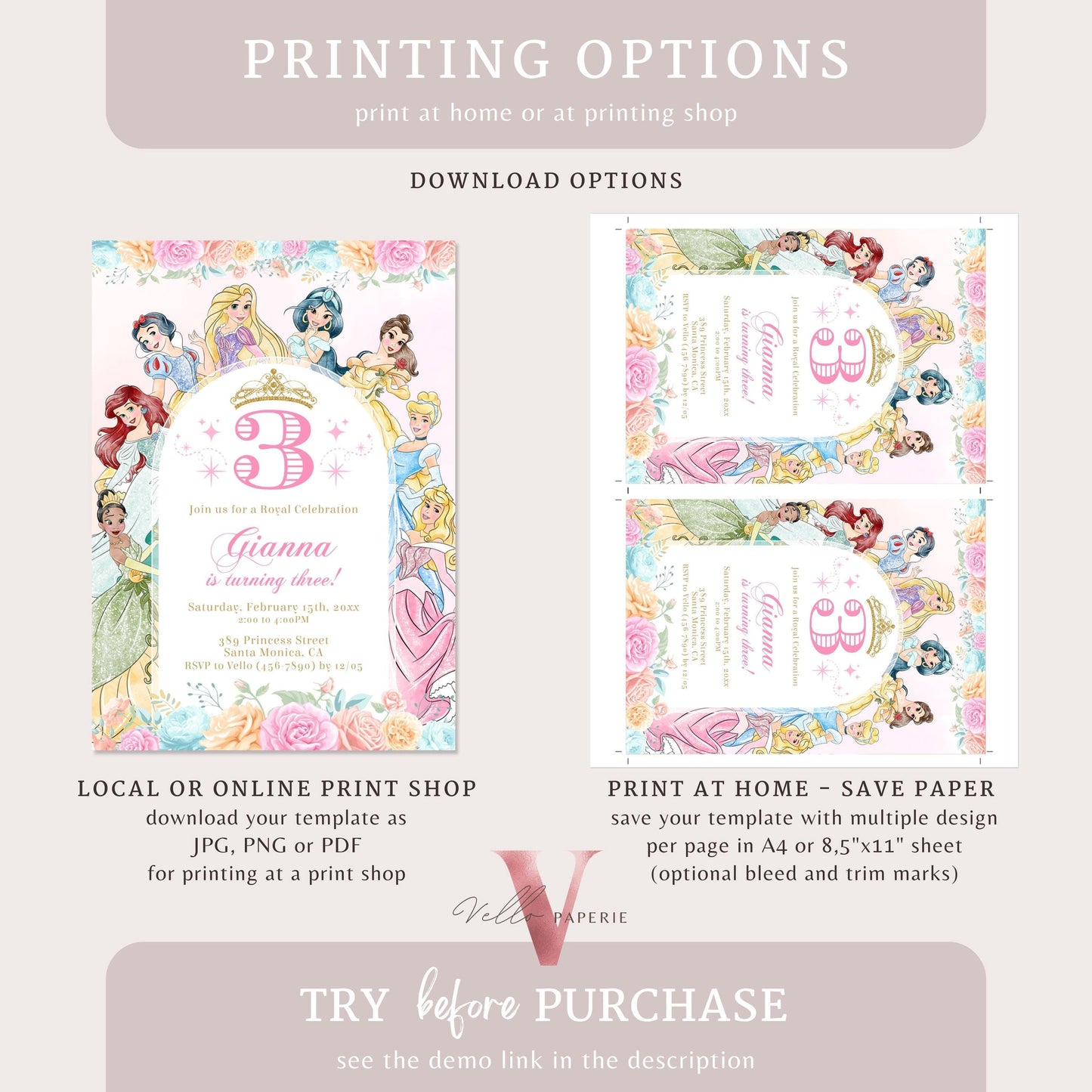 Editable Printable Once Upon a Time Birthday Party Invitation | ANY AGE Watercolor Princess Invite | Rose Gold Pink Princess Party PB02