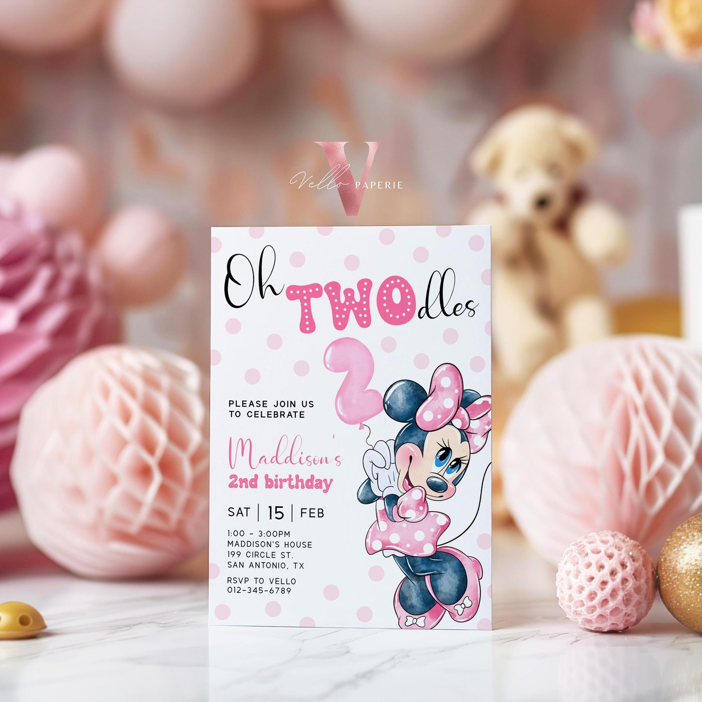 2nd Birthday, Oh TWOdles Minnie Mouse Birthday Invitation | Light Pink Polka Dot Invite 2year old Girl | Second Birthday  MMB04