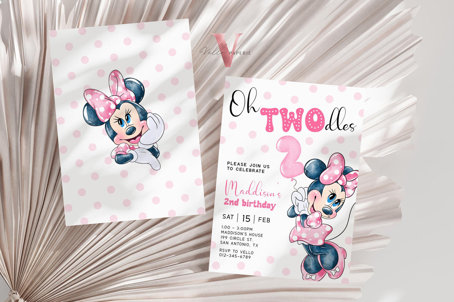 2nd Birthday, Oh TWOdles Minnie Mouse Birthday Invitation | Light Pink Polka Dot Invite 2year old Girl | Second Birthday  MMB04