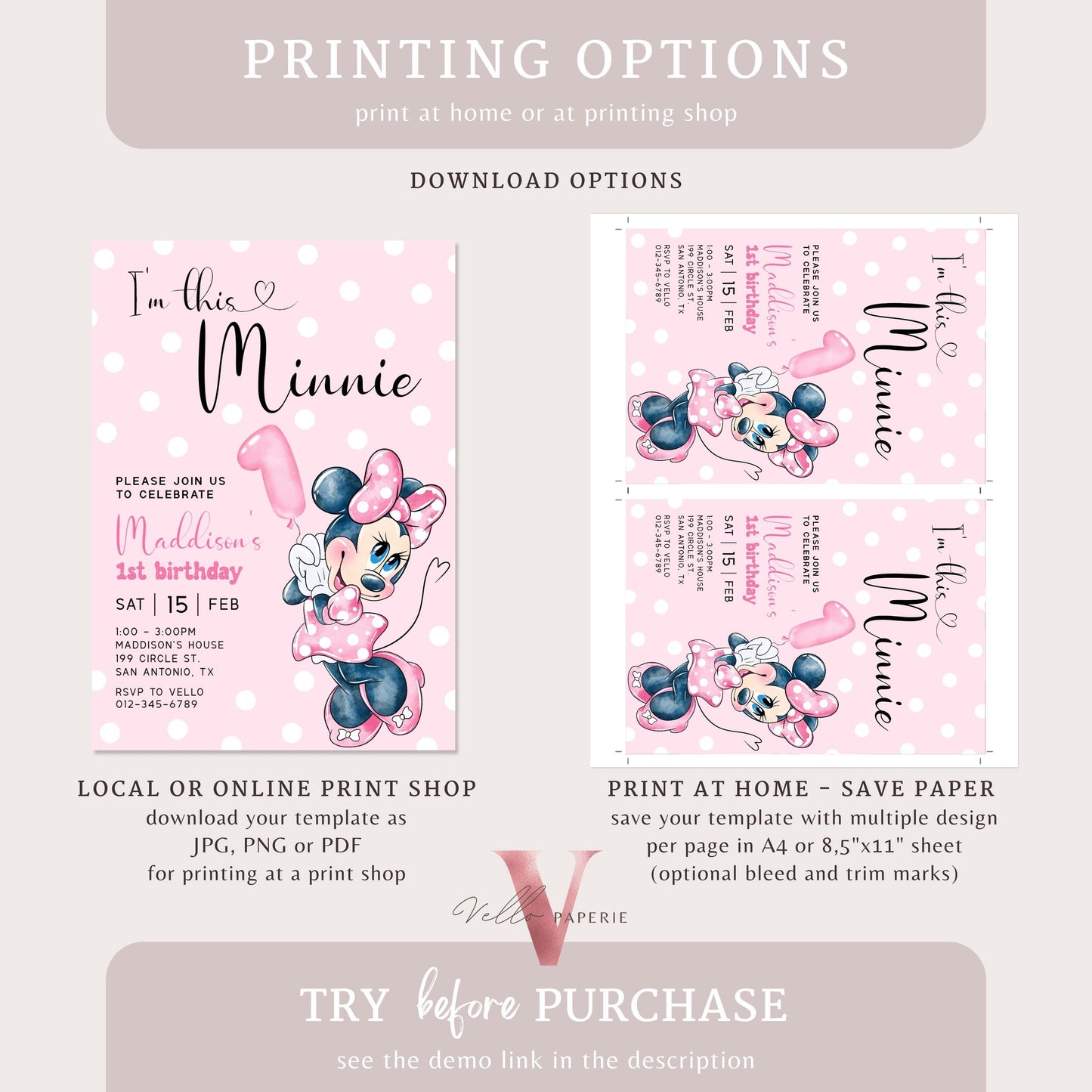 First Birthday Minnie Mouse Invitation | Modern Light Pink Polkadot 1st Minnie Invite | 1st Girl Birthday Party Instant Template