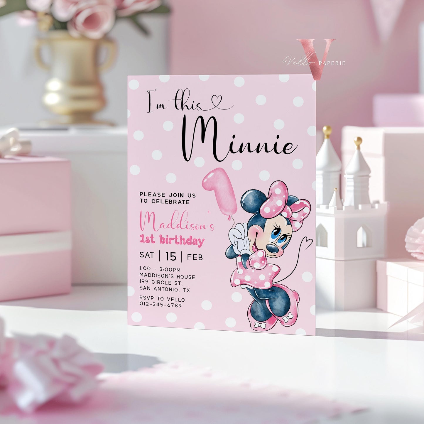 First Birthday Minnie Mouse Invitation | Modern Light Pink Polkadot 1st Minnie Invite | 1st Girl Birthday Party Instant Template