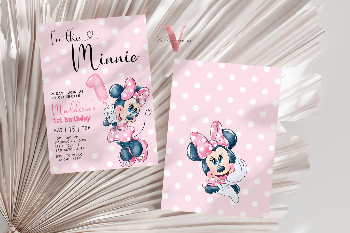 First Birthday Minnie Mouse Invitation | Modern Light Pink Polkadot 1st Minnie Invite | 1st Girl Birthday Party Instant Template