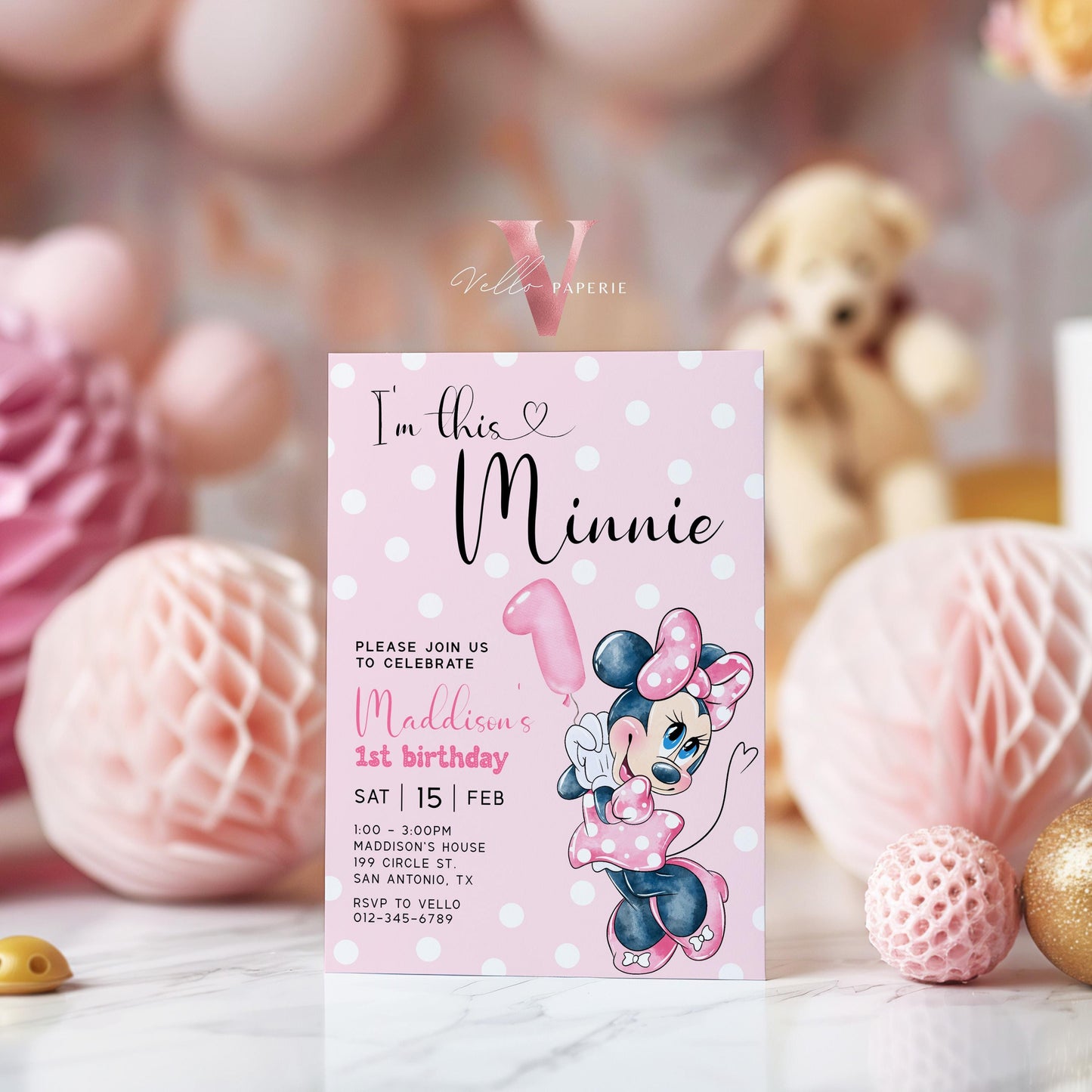 First Birthday Minnie Mouse Invitation | Modern Light Pink Polkadot 1st Minnie Invite | 1st Girl Birthday Party Instant Template