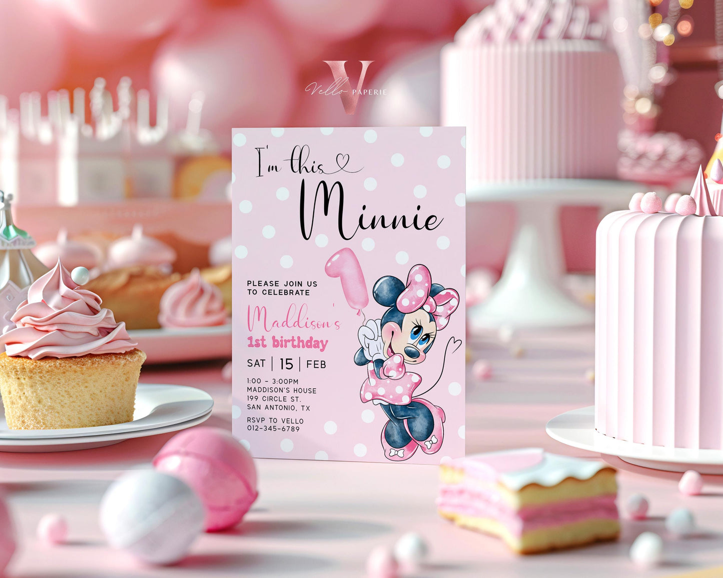 First Birthday Minnie Mouse Invitation | Modern Light Pink Polkadot 1st Minnie Invite | 1st Girl Birthday Party Instant Template