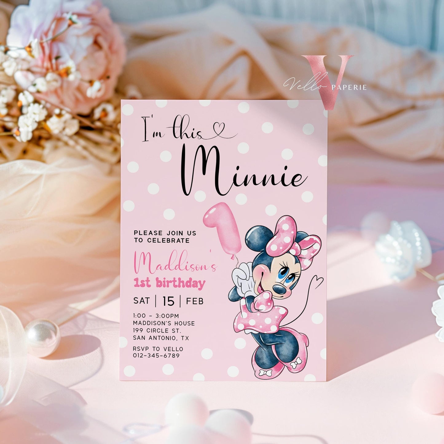 First Birthday Minnie Mouse Invitation | Modern Light Pink Polkadot 1st Minnie Invite | 1st Girl Birthday Party Instant Template