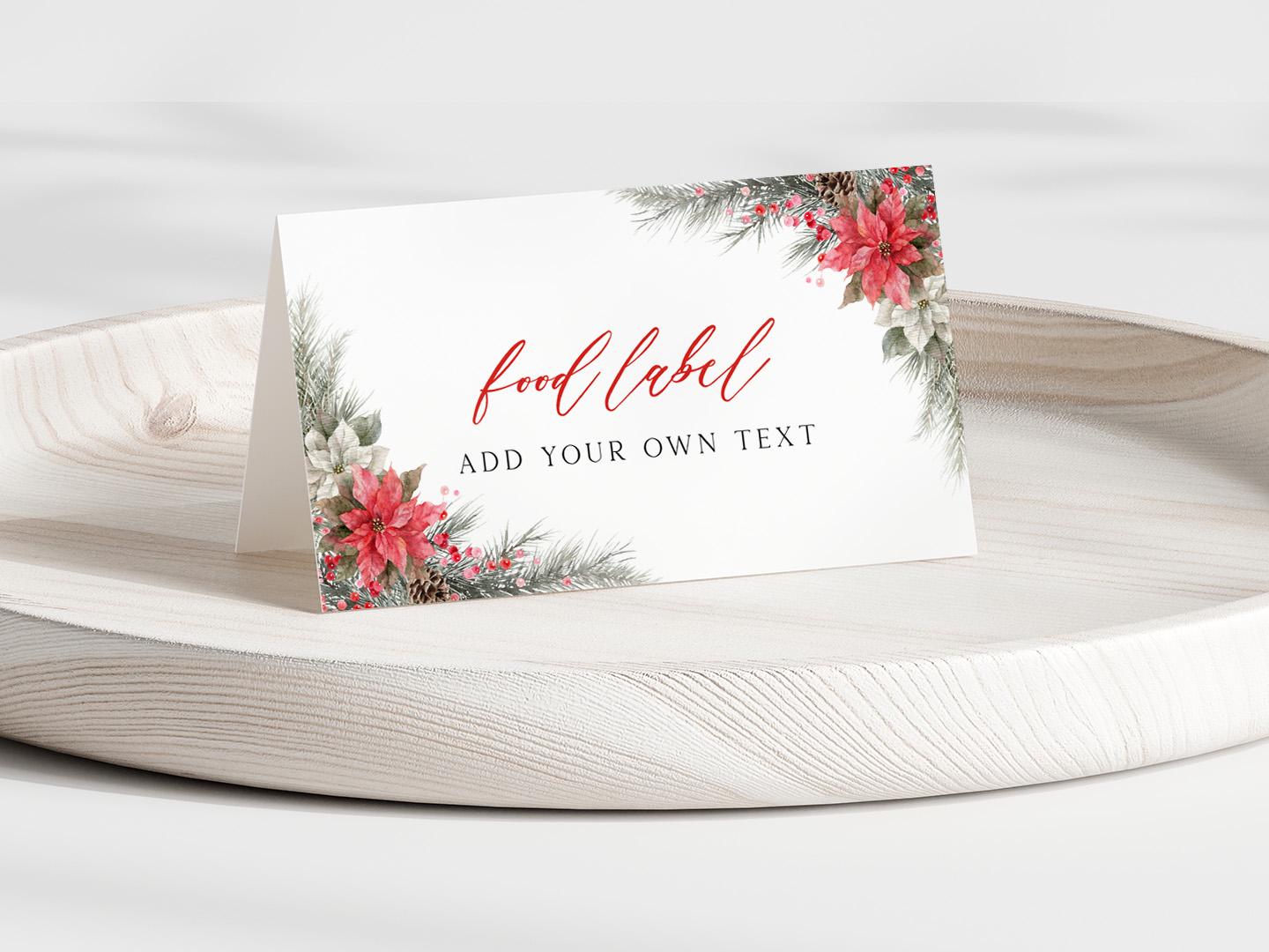 Editable 8 designs Modern Christmas Floral Place Card, Food Label | Holiday Party Name, Seating Card | Watercolor Christmas Tent Card RCPF1