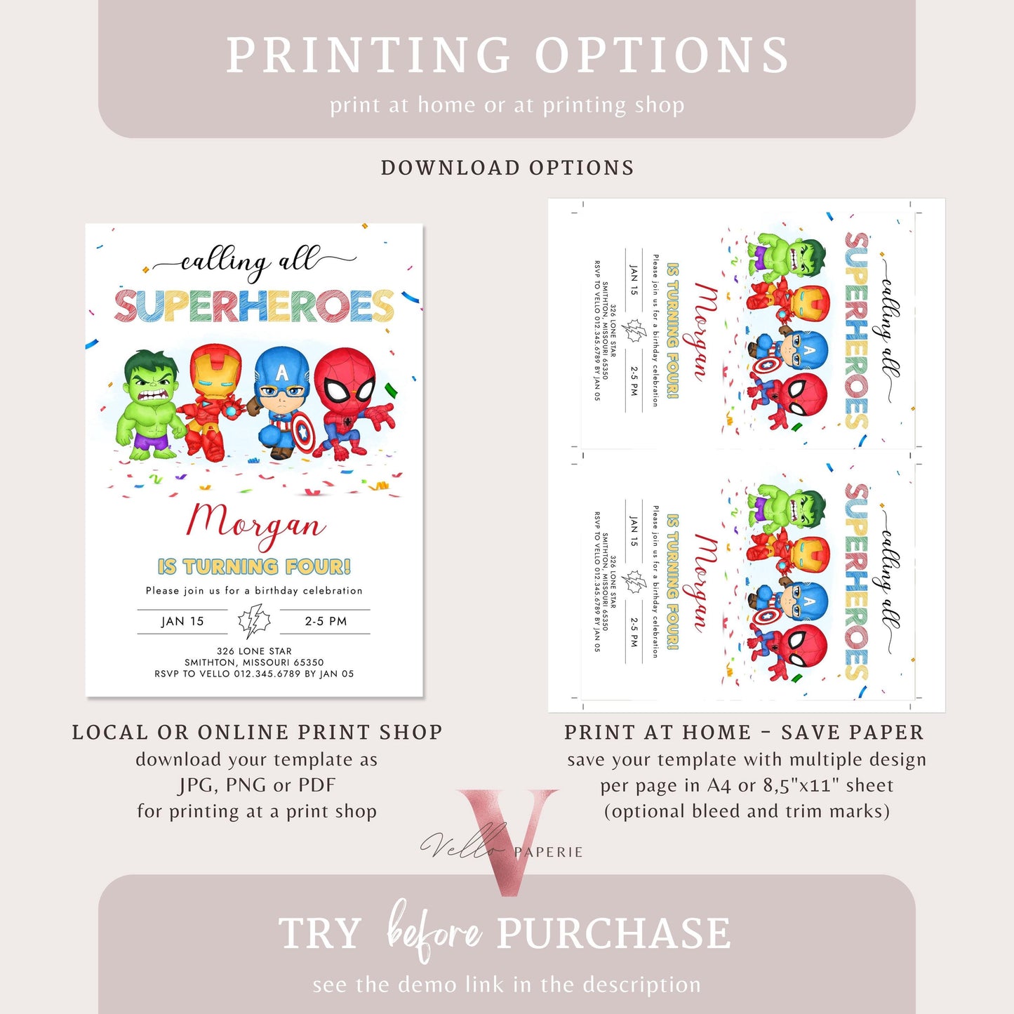 Calling All Superheroes Birthday Invitation | Watercolor Avengers Kids Colorful Birthday Party Invite | Any Age Cute Chibi Superhero SHB01