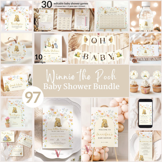 Beige Winnie the Pooh Baby Shower BUNDLE | Full Editable Neutral Wildflower, Little Hunny Pooh Baby Shower Party SET, Favors Decor WTP04