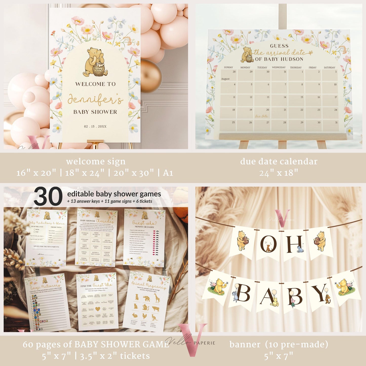 Beige Winnie the Pooh Baby Shower BUNDLE | Full Editable Neutral Wildflower, Little Hunny Pooh Baby Shower Party SET, Favors Decor WTP04